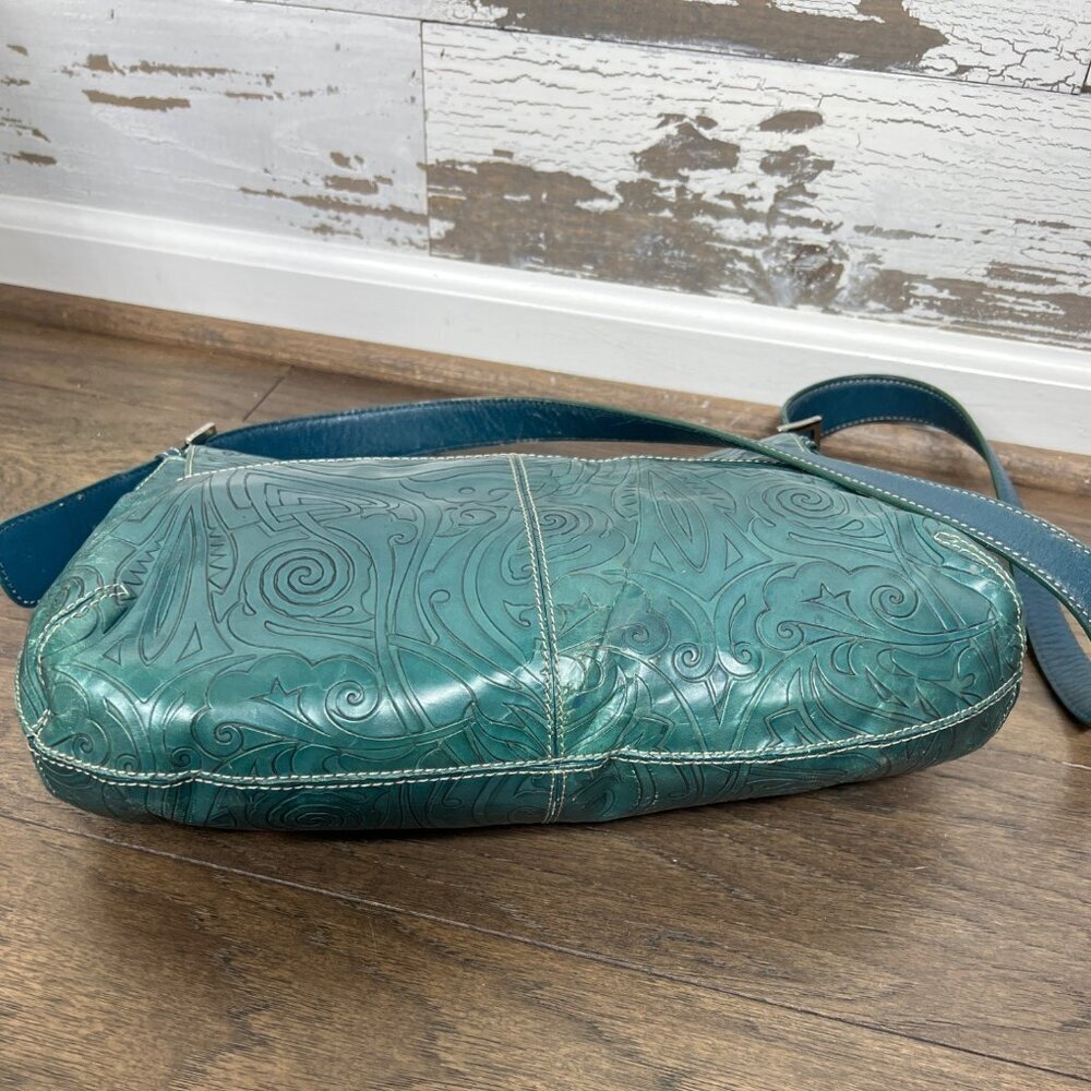 VINTAGE COLE HAAN Hand Tooled Leather Hobo Shoulder Bag Teal Green - Picture 6 of 11
